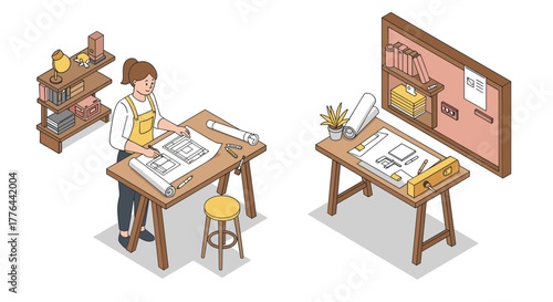 Isometric architect workspace with drafting table and blueprint designs
