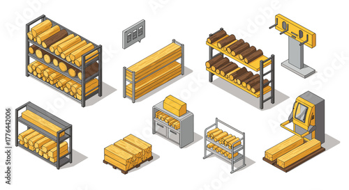 Isometric timber warehouse: log storage and wood processing equipment layout