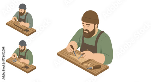 Artisan crafting wood carver in workshop with tools in isometric style
