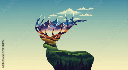 Majestic stag silhouette filled with a vibrant landscape of mountains, forests, and clouds.
