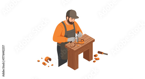 Isometric carpenter crafting wood at workbench in workshop