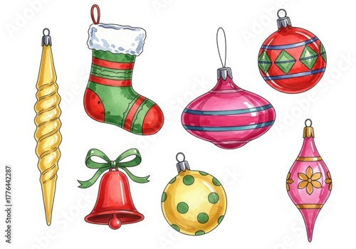 Colorful hand-drawn christmas decorations and ornaments collection