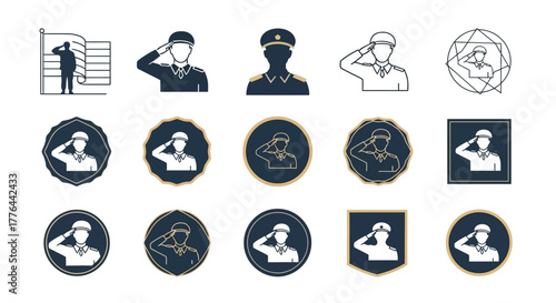 Various stylized illustrations depicting a person in military uniform saluting, in different designs.
