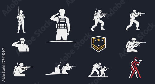 A set of twelve flat design icons depicting soldiers in various combat and ceremonial poses, alongside a military rank insignia.