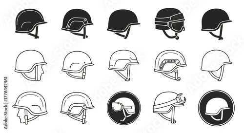 Collection of diverse helmet designs, showcasing various protective headgear styles with different features and outlines.