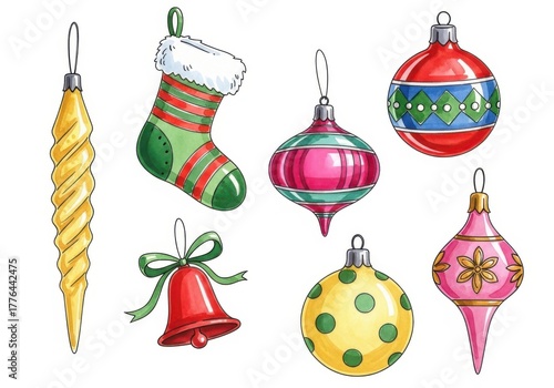 Hand-drawn christmas ornaments collection for festive holiday decor.