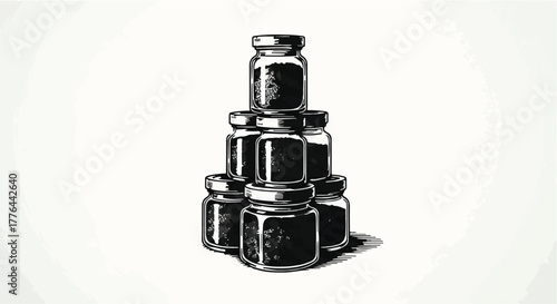 Small glass jars filled with dark material stacked in a pyramid shape