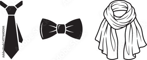 Monochrome Necktie, Bow Tie, and Scarf Fashion Accessories Vector Icons