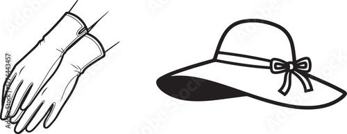 Monochromatic Outline Drawing of Elegant Gloves and a Summer Hat