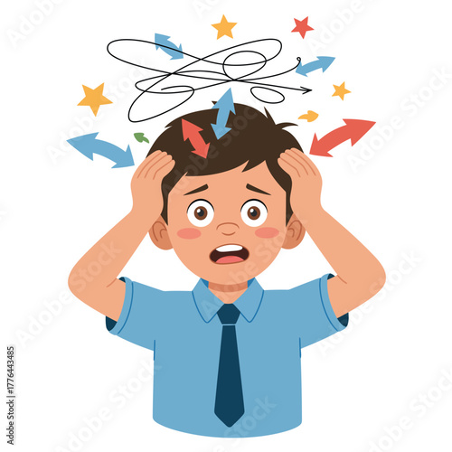 A distressed child clutches their head amidst a chaotic flurry of arrows and stars.