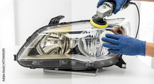 Before and after car headlight polishing with a power buffer showing restoration and clarity