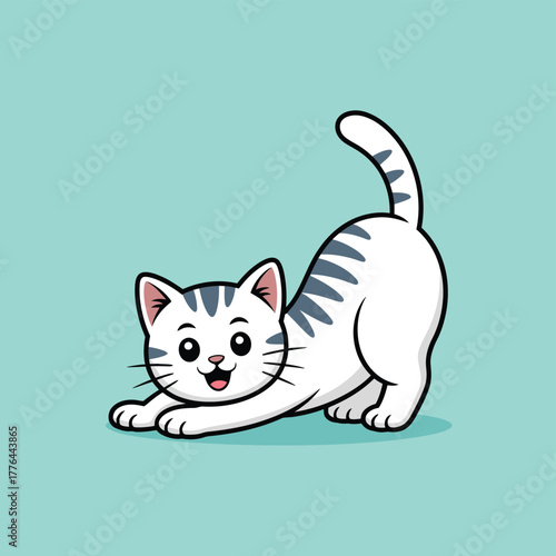 A cute cartoon kitten is stretching on a teal background, showcasing playful energy.