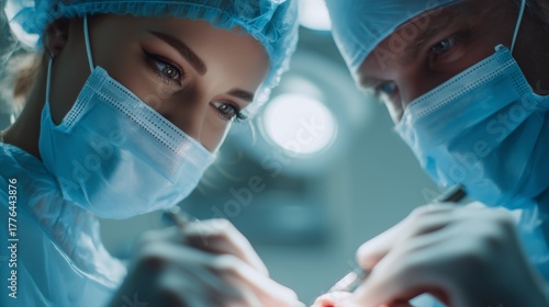 Two surgeons focus on a specific surgery, skillfully using instruments in a well-lit surgical room. The surgeons' hands move with precision, reflecting their commitment to patient