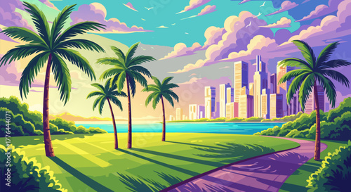 Tropical Cityscape A Vibrant View of Urban Life with Palm Trees, Sunlight, and Coastal Scenery