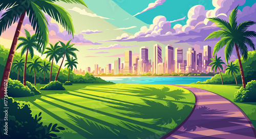 Vibrant cityscape emerges from lush green parkland with palm trees and a serene waterfront on a sunny day