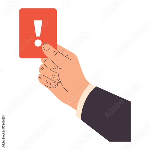Hand holding a red card with an exclamation mark, signifying a warning or penalty.