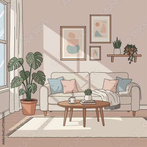 flat modern 2D vector illustration of a person lounging on sofa, reading book, pastel cozy vibe
