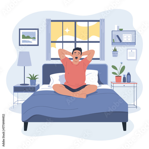 A man wakes up and stretches in his bed at sunrise with a yawn.