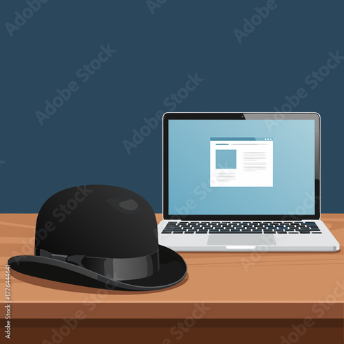 A bowler hat lies next to an open laptop. The concept is elegant old style and tradition in a modern digital or IT environment.