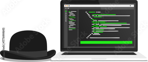 A bowler hat lies next to an open laptop. The concept is elegant old style and tradition in a modern digital or IT environment.