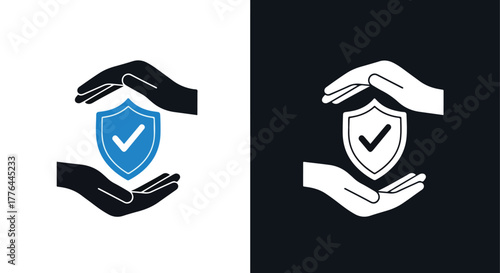 Hands protecting security shield - Vector icon symbol for website - Icon vector - Blue icon vector - Line and glyph solid icon and logo template