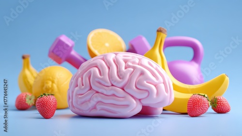 Brain with fruits and weights