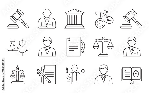  Collection of hand drawn legal and justice icons representing law and order concepts
