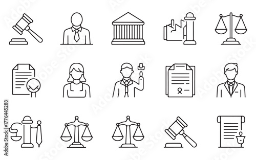  Collection of hand drawn legal and justice icons representing law and courtroom concepts