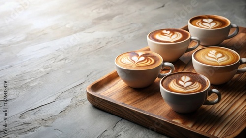 Aromatic coffee cups with latte art on a wooden tray