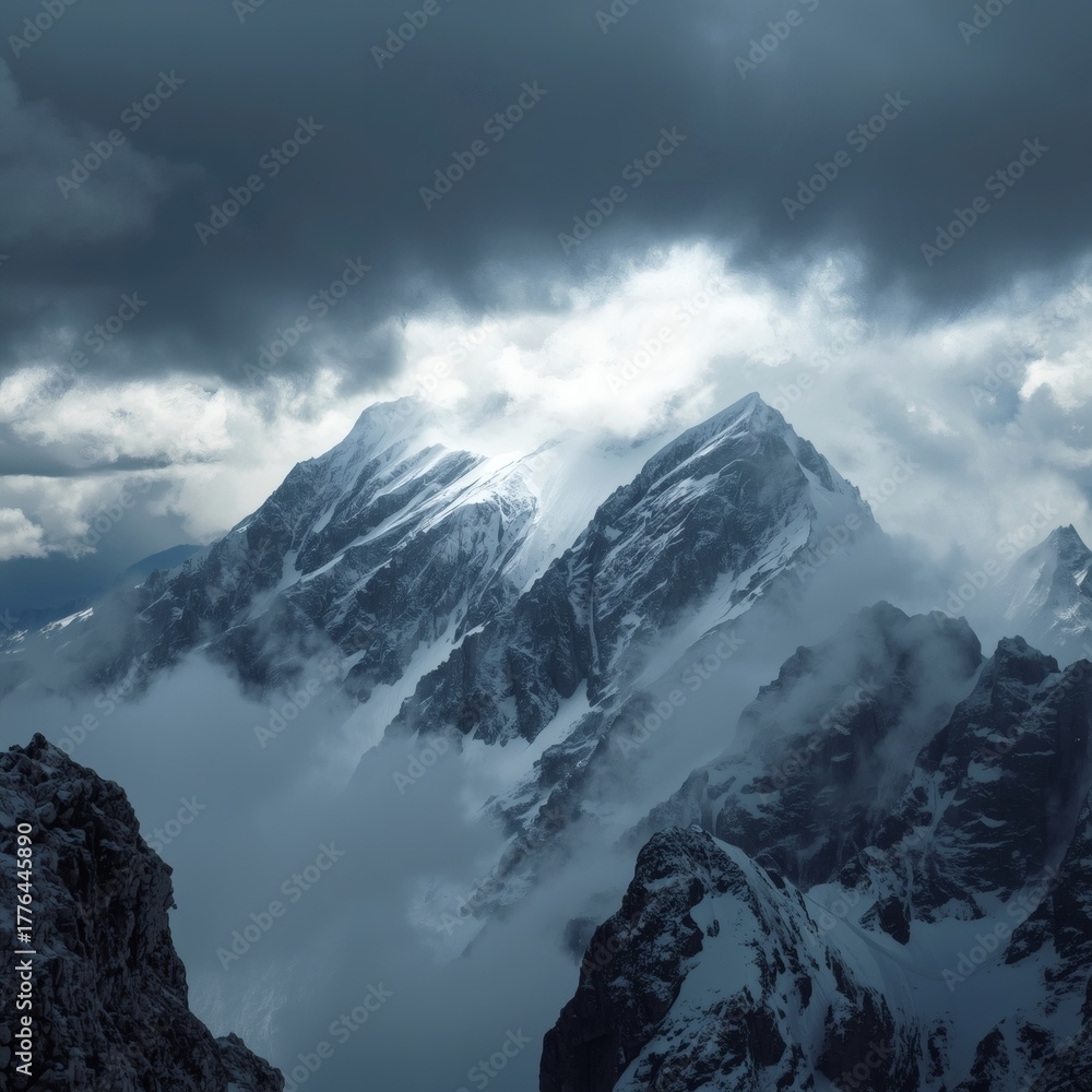 Fototapeta premium The weather is snowy over the huge mountains and the mountains are covered with heavy snow, creating a magnificent view.