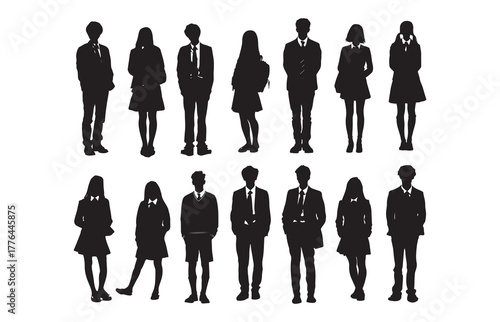 Silhouette of a diverse group of students in school uniforms walking together. Diverse high school students smiling and walking in school uniforms.