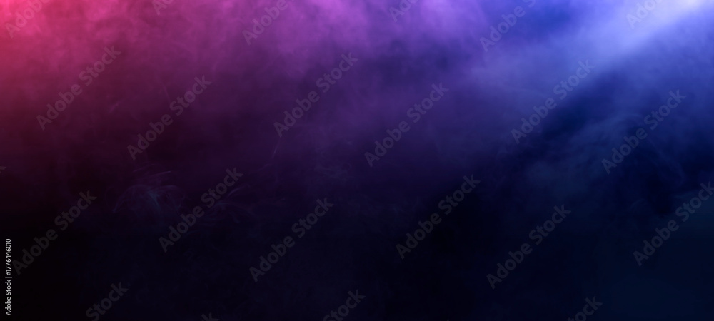 Fototapeta premium Abstract Dark blue purple scene background neon spotlights. Night view of light reflected Rays through Smoke fog stage floor studio room futuristic Halloween product display for banner event design
