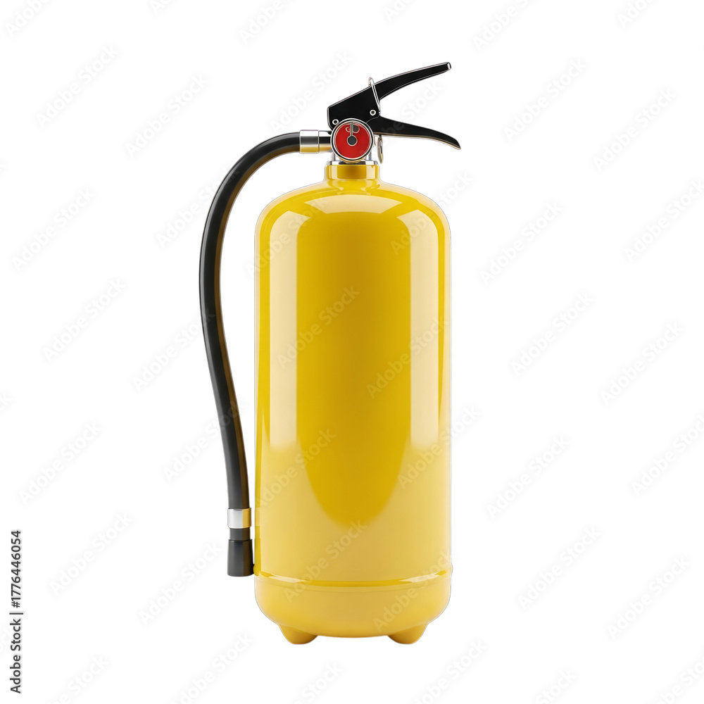 Obraz premium Yellow fire extinguisher with black hose isolated on a transparent background
