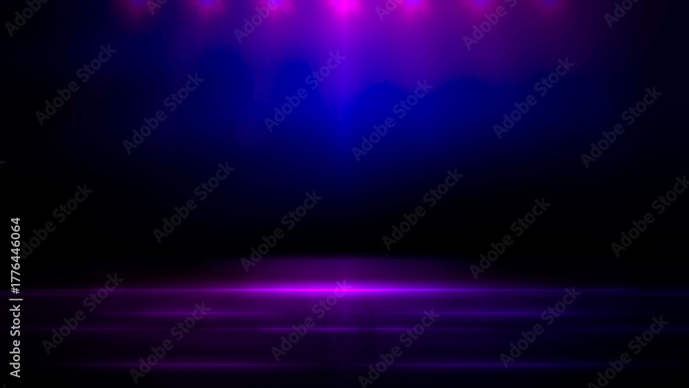 Fototapeta premium Dark scene background, Abstract glowing blue and purple neon spotlights, stage smoke, floor studio room, futuristic Halloween, product display, Perfect for banner event design, Night landscape