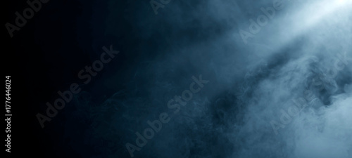 Abstract Dark blue scene background with neon spotlights. Night view of light reflected Rays through Smoke fog stage floor studio room futuristic Halloween product display for banner event design