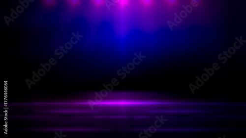 Dark scene background, Abstract glowing blue and purple neon spotlights, stage smoke, floor studio room, futuristic Halloween, product display, Perfect for banner event design, Night landscape