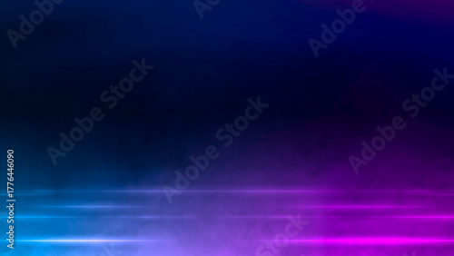 Dark scene background, Abstract glowing blue and purple neon spotlights, stage smoke, floor studio room, futuristic Halloween, product display, Perfect for banner event design, Night landscape