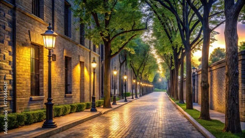 Serene Evening Stroll Down a Tree-Lined Brick Pathway Illuminated by Classic Lampposts