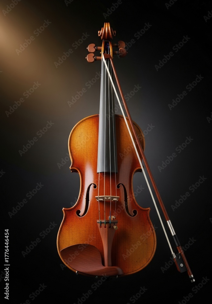 Fototapeta premium Beautifully Crafted Violin with Bow on Dark Background Illuminated by Soft Light