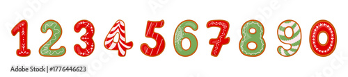Vector set of Christmas gingerbread cookies numbers decorated with icing. Sweet festive design with aroma of holidays and home coziness. Perfect for greeting cards, banners and packaging.