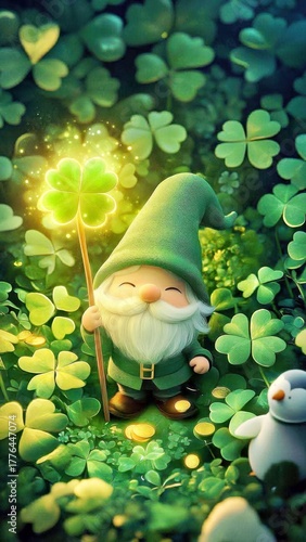 Enchanted Gnome With Luminous Four Leaf Clover Among Shamrocks and Golden Coins.jpg
