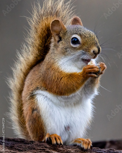 American Red Squirrel (Tamiasciurus hudsonicus) standing on his back legs eating a nut, isolated against a blurred background. 