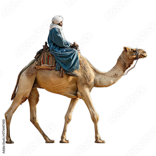 Man riding camel with patterned saddle isolated on a transparent background