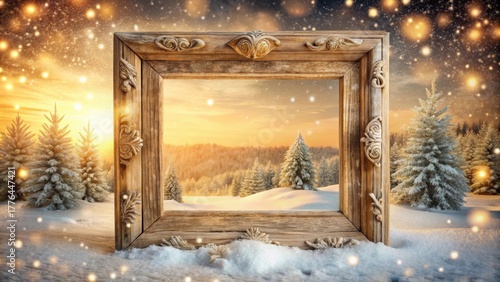 Ornate Wooden Frame Encapsulates a Serene Winter Wonderland Scene at Golden Hour