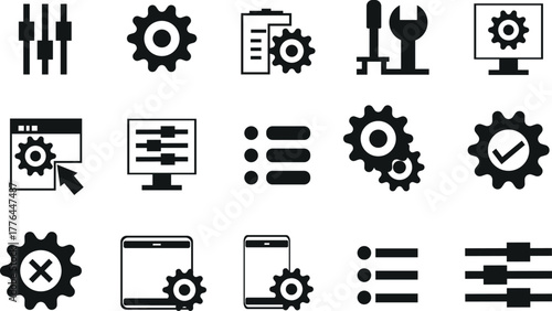 Settings and Configuration Icons Set. Gear, Controls, Adjustments, and Options Pop Up Vector.