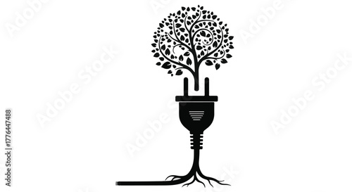 Tree growing from electrical plug symbolizes eco friendly energy and sustainability