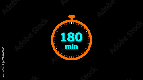 180 minutes timer clock icon 4k illustration on a black background. and creating a stunning illustration.4k illustration
