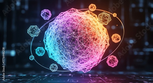 Abstract colorful glowing molecule structure with orbiting particles