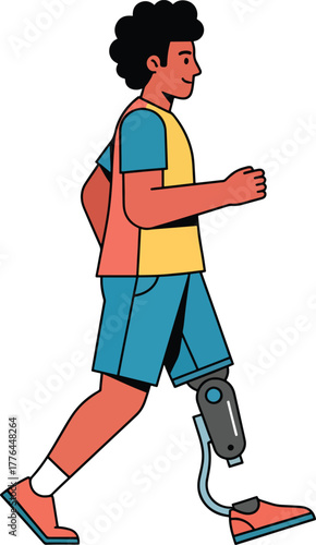 Illustration of a young boy walking with a prosthetic leg and a backpack on a white background.