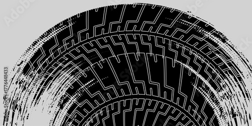 Tire tread marks, wheel textures, tire marks - car racing, motocross, drift, rally, off-road and others. Vector black isolated texture in grunge style with splashe